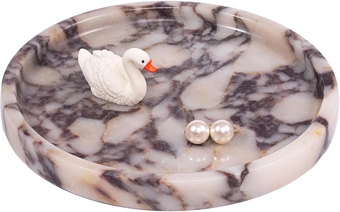 LWALMS Round Marble Perfume Tray - Stone Jewelry Holder Dish, Trinket Ring Key Purse Plate Decorative Bowl for Nightstand Entryway Coffee Table Decor (7.9 inch)