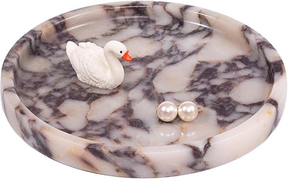 LWALMS Round Marble Perfume Tray - Stone Jewelry Holder Dish, Trinket Ring Key Purse Plate Decorative Bowl for Nightstand Entryway Coffee Table Decor (7.9 inch)
