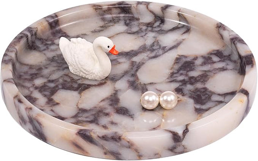 LWALMS Round Marble Perfume Tray - Stone Jewelry Holder Dish, Trinket Ring Key Purse Plate Decorative Bowl for Nightstand Entryway Coffee Table Decor (7.9 inch)