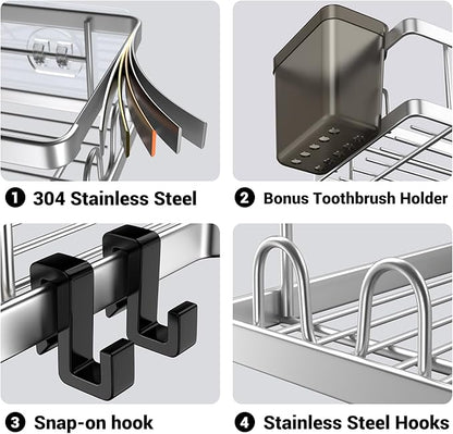 AKTECKE Corner Shower Caddy Shelf Rack: 2 Pack Adhesive Shower Organizer Essentials - No Drilling Stainless Steel Bathroom Storage Rack with Hooks and Toothpaste Holder