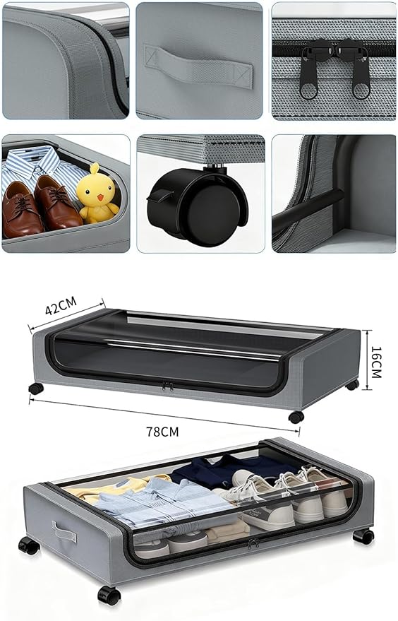 JALUNIVERSAL TRI Under Bed Storage with Wheels, 6.7'' Tall Underbed Storage Containers with Lids - Rolling Bins for Shoes Clothes Blankets (Grey, 2-Pack XXL)