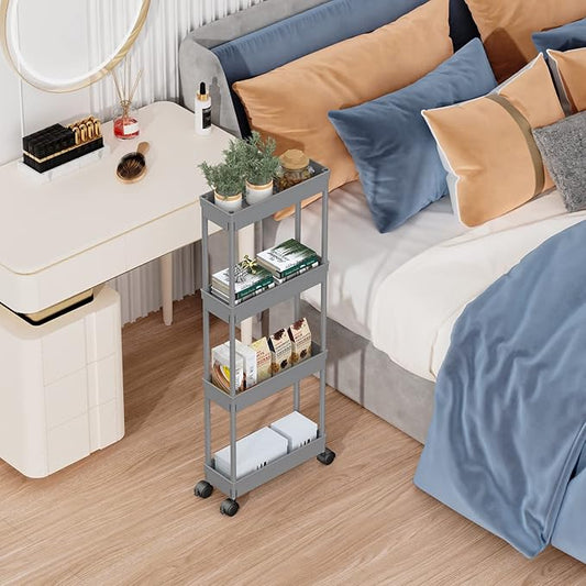 Sooyee 4 Tier Slim Storage Cart,Rolling Storage Cart,Narrow Shelf,Bathroom Rack,Mobile Shelving Unit Organizer for Kitchen, Bathroom, Laundry Room, Grey