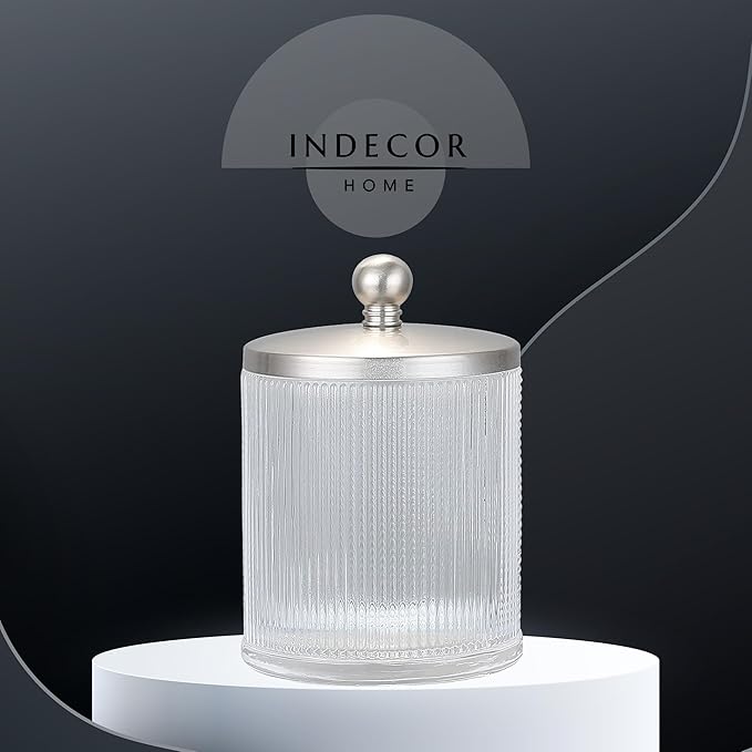 Indecor Home Clear Transparent Apothecary Ribbed Geometric Etched Glass Jar W/Satin Nickel Metal Lid for Bathroom Organization, Cotton Balls, Q Tips, and Small Accessories, Bathroom Storage