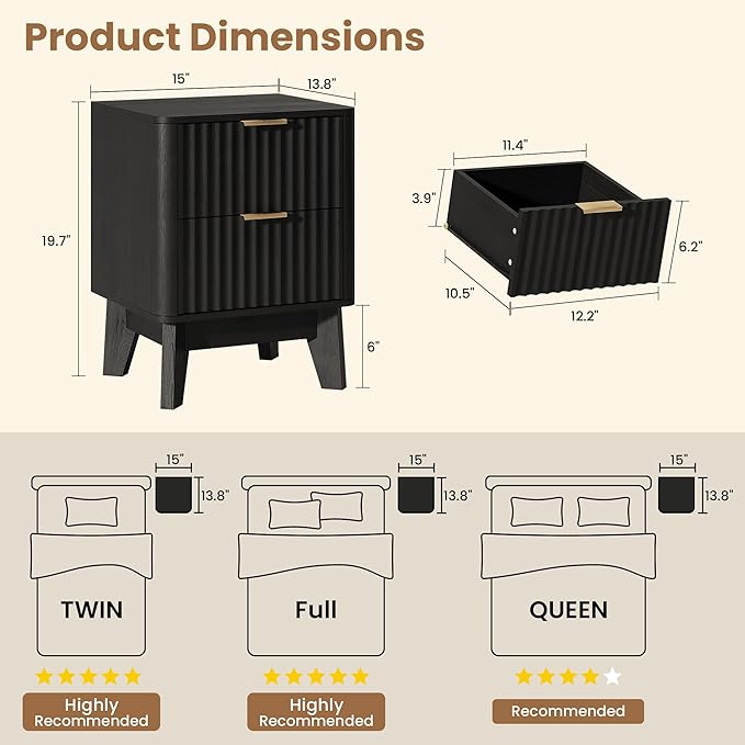 TROJM Fluted Nightstand Set of 2, Modern End Table with Metal Handle,2 Storage Drawers Side Table,Bedside Table for Bedroom,Wood Nightstands,Curved Profile Design Furnitue, Black