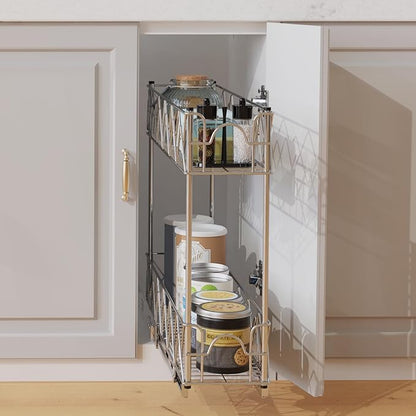 Narrow Pull Out Cabinet Organizer - 5" W x 21" D, 2-Tier Kitchen Cabinet Drawer Slide Out Shelves, Chrome