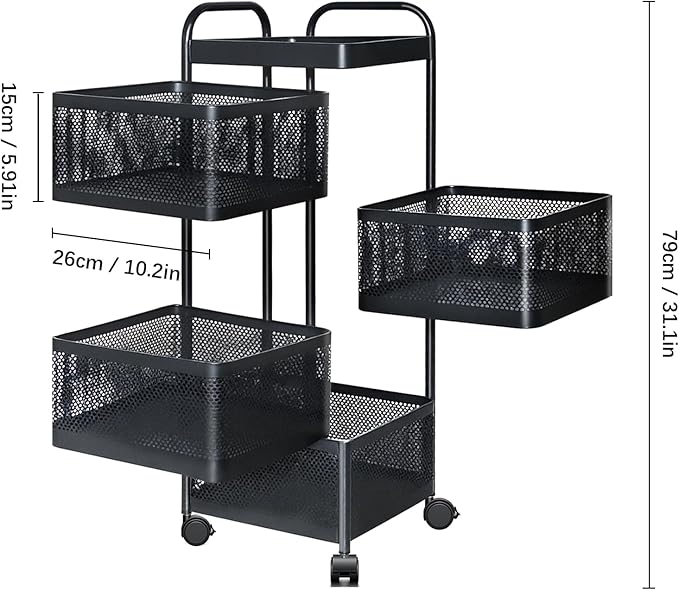 Rotating Kitchen Storage Rack, 4 Tier Rolling Cart with Fruit and Vegetable Basket, Black Storage Organization Dolly Cart with Wheels for Bathroom, Kitchen and Bedroom