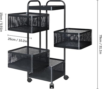 Rotating Kitchen Storage Rack, 4 Tier Rolling Cart with Fruit and Vegetable Basket, Black Storage Organization Dolly Cart with Wheels for Bathroom, Kitchen and Bedroom