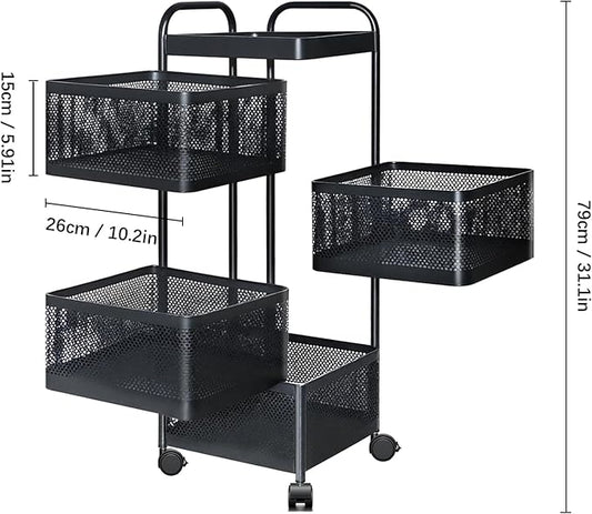 Rotating Kitchen Storage Rack, 4 Tier Rolling Cart with Fruit and Vegetable Basket, Black Storage Organization Dolly Cart with Wheels for Bathroom, Kitchen and Bedroom