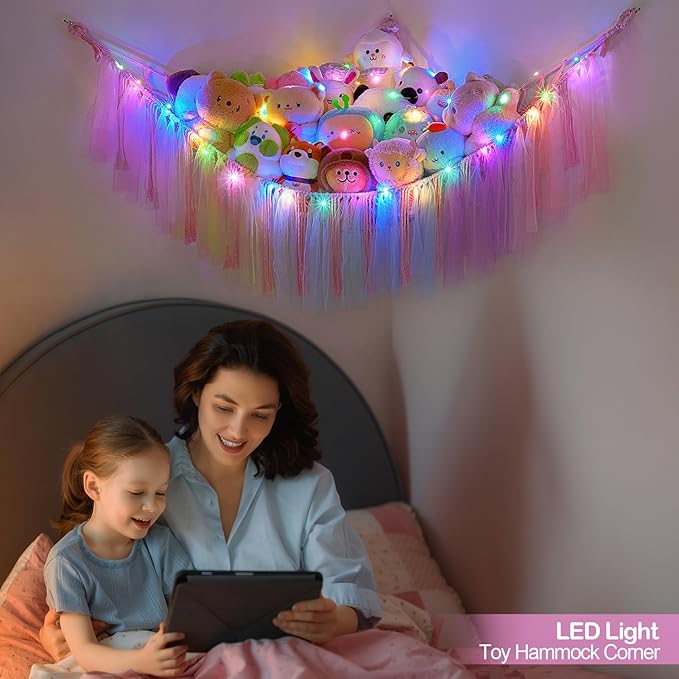 FIOBEE Stuffed Animals Net or Hammock with LED Light, Toy Hammock Hanging Stuffed Animals Storage Organizer Holder Room Décor for Nursery Kids Bedroom