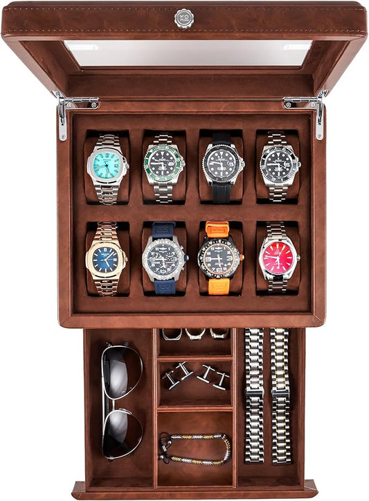 Awesometik Leather Watch Box Organizer. Real Glass Top. Luxury Watch Display & Watch Holder for Men. Watch Collection, Protection. For Men Ready to Gift (Brown/Brown, 8 Slot Watch Box with Drawer)