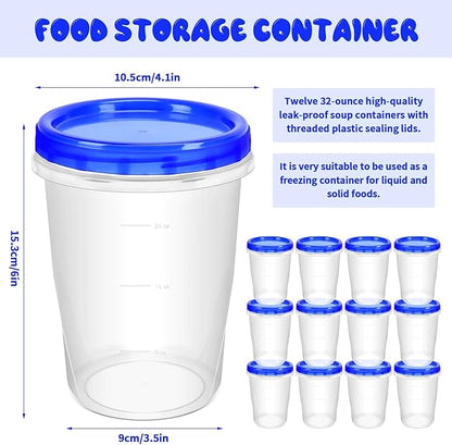 ISUSSER 12 Pack Freezer Containers with Screw On Lids, 32 Oz Stackable Reusable Plastic Storage Container, Airtight Plastic Food Storage Containers with Twist Top Lids for Food Soup Jello Sauce