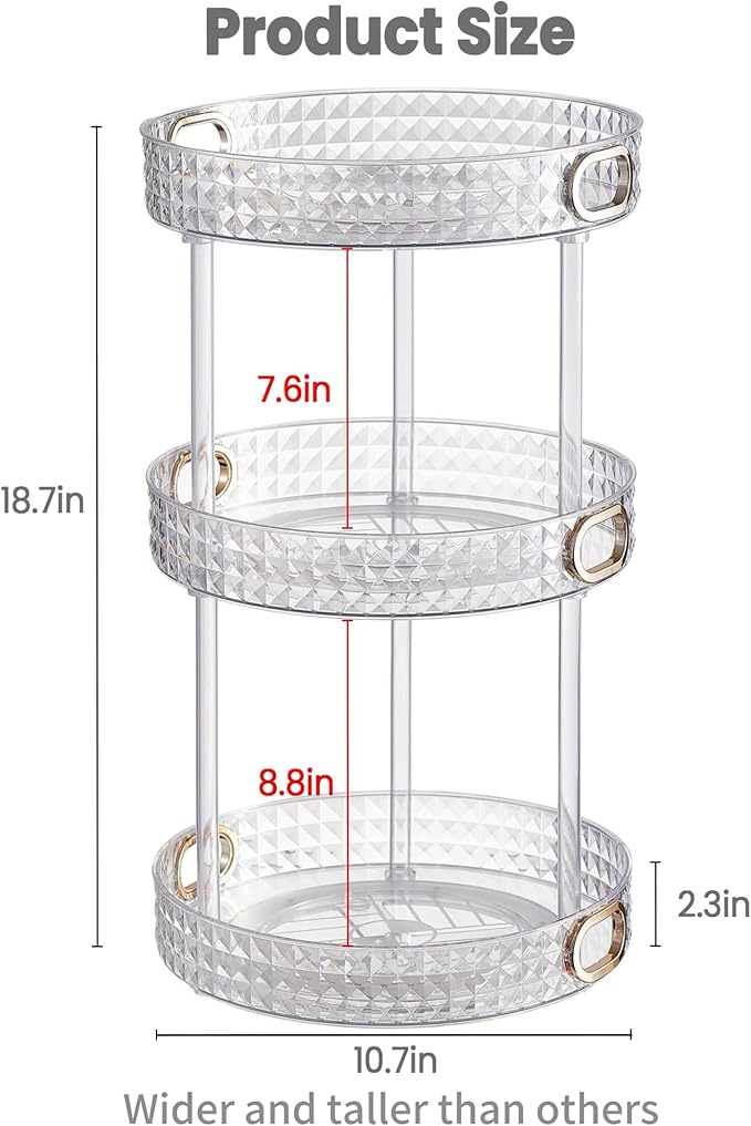 HsaExtriva 360 Rotating Makeup Organizer for Vanity, 3 Tier Diamond Patterned Perfume Organizer for Women, Large Capacity Skincare Lotion Cosmetic Storage Dresser Bathroom Countertop Lazy Susan, Clear