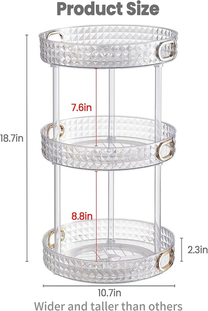 HsaExtriva 360 Rotating Makeup Organizer for Vanity, 3 Tier Diamond Patterned Perfume Organizer for Women, Large Capacity Skincare Lotion Cosmetic Storage Dresser Bathroom Countertop Lazy Susan, Clear