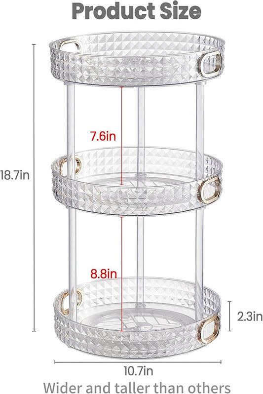 HsaExtriva 360 Rotating Makeup Organizer for Vanity, 3 Tier Diamond Patterned Perfume Organizer for Women, Large Capacity Skincare Lotion Cosmetic Storage Dresser Bathroom Countertop Lazy Susan, Clear