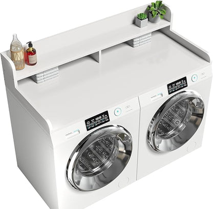 2-Tier Washer Dryer Countertop with 2.75" H Edge Rails, 58" W x 28" D Laundry Countertop for Folding Clothes, Washer and Dryer Topper with Non-Slip Pad (White)
