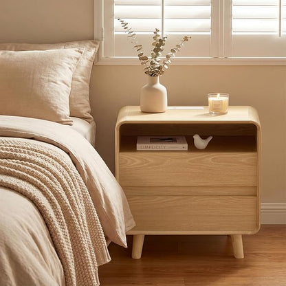 Nasonet Night Stand with Charger Station, Mid Century Modern Nightstand with 2 Drawers, Wood Bedside Table for Bedroom, Curved Beveled Design, Oak