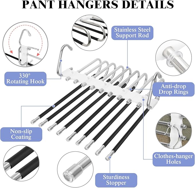 SAN LIKE 2 Pack 9 Layers Pants Hangers Space-Saving Stainless Steel Closet Hangers 20pcs Fixed Clips Non-Slip Multi-Functional Pants Rack Two Hanging Modes for Trousers Jeans Leggings Scarf Skirts