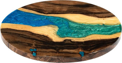 Handmade Reversible 16" Wood and Epoxy Resin Lazy Susan, Turntable for Kitchen Countertop, Rotating Display Stand, Round Wooden Platter, Organizer and Storage for Dining Table (Aqua Fusion)
