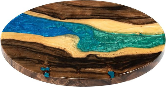 Handmade Reversible 16" Wood and Epoxy Resin Lazy Susan, Turntable for Kitchen Countertop, Rotating Display Stand, Round Wooden Platter, Organizer and Storage for Dining Table (Aqua Fusion)