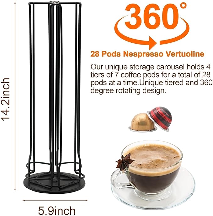 Vertuo Pod Holder Organizer for Nespresso, Holds 28 Pods, Large Capacity Nespresso Vertuo Pod Storage, Sleek Black Design, Ideal for Small Kitchens and Coffee Bars, ONLY for Any VertuoLine Setup