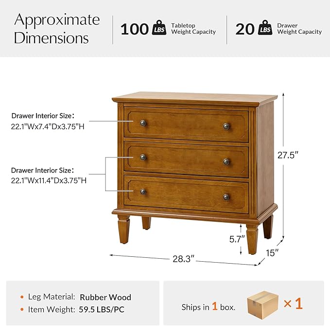 HULALA HOME 3 Drawer End Table with Charging Station, Wooden Drawer Organizer with Wood Legs, Mid Century Modern End Table, Acorn
