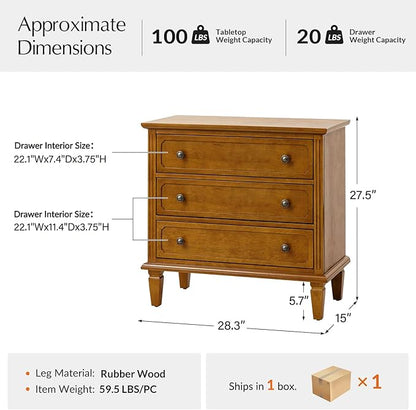 HULALA HOME 3 Drawer End Table with Charging Station, Wooden Drawer Organizer with Wood Legs, Mid Century Modern End Table, Acorn