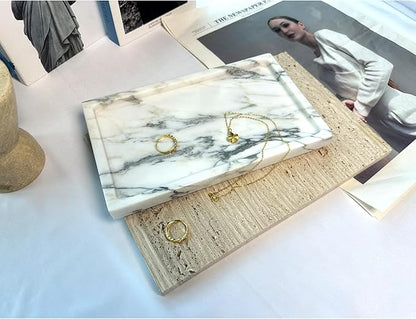 OAIQNUJ Natural White Marble Vanity Tray, 9.8"x5.9" Genuine Marble Stone Tray for Bathroom/Kitchen/Dresser (Arabescato)