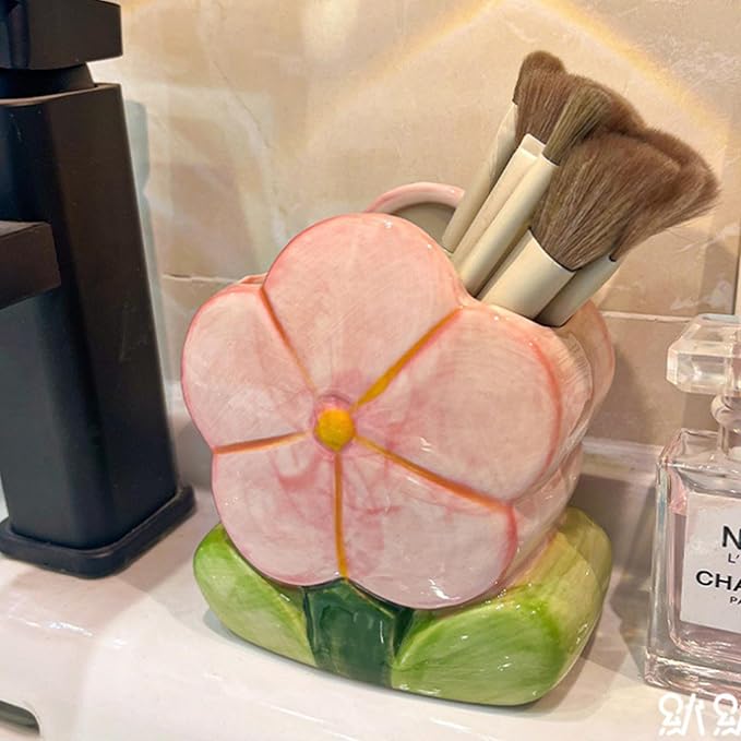 Blue Flower Desk Pen Holder Accessories for Desk Aesthetic Cute Toothbrush Holder Makeup Pencil Holders Office Home Decor Birthday Gifts for Women Vanity Kawaii Kitchen Utensil Holder