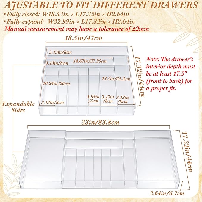 1 Pack Expandable Kitchen Drawer Organizer Clear Acrylic Utensil Organizer Adjustable Acrylic Silverware Storage for Drawers Silverware Flatware Knives (18.5 x 17.4 Inches,9-11 Compartments)