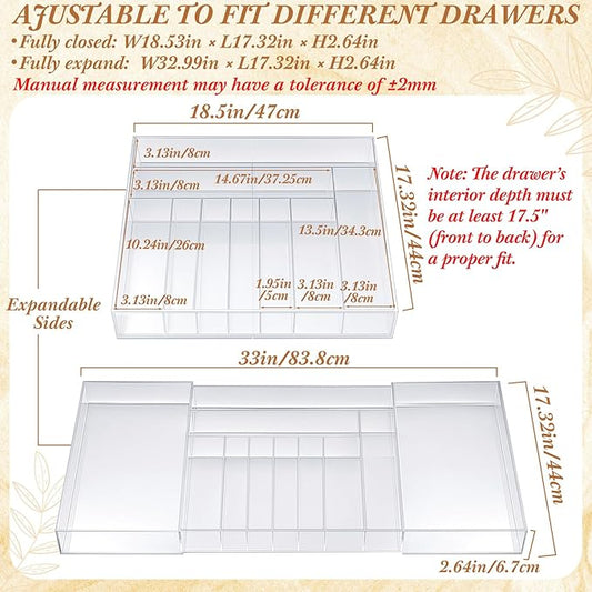 1 Pack Expandable Kitchen Drawer Organizer Clear Acrylic Utensil Organizer Adjustable Acrylic Silverware Storage for Drawers Silverware Flatware Knives (18.5 x 17.4 Inches,9-11 Compartments)