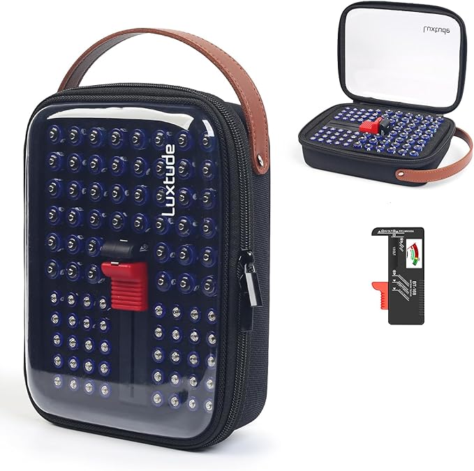 Luxtude Battery Storage Organizer, Clear Battery Organizer Storage Case with Tester,Batteries Holder Organizers for 84 PCS, Batteries Case Organizers Holds 44 AA & 40 AAA, Camping Accessories(Black)