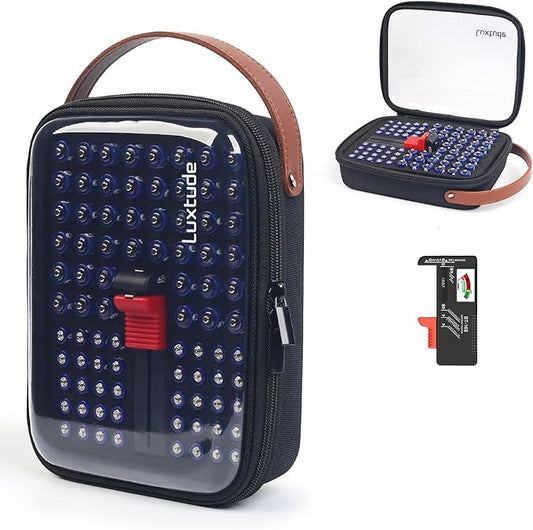 Luxtude Battery Storage Organizer, Clear Battery Organizer Storage Case with Tester,Batteries Holder Organizers for 84 PCS, Batteries Case Organizers Holds 44 AA & 40 AAA, Camping Accessories(Black)