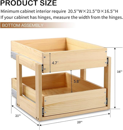 Pull Out Cabinet Organizer 20''W×21''D×16''H Soft Close Slide Out Wood Drawer Shelves for Kitchen, Finished, Bottom Assembly(Cabniet Require Opening >20.5'', Depth>21.5'', Height>16.5'')