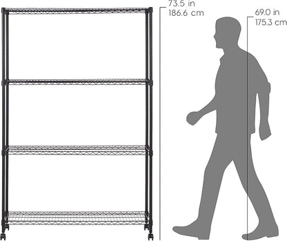 IRIS USA, Inc. 4-Tier Adjustable Heavy Duty Steel Storage Rack with Removable Locking Casters (Up to 1200 lbs Loading Capacity), Wire Organization Unit with Metal Shelves, Black (48"L x 18"W x 73.5"H)