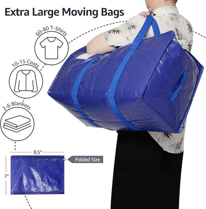 Moving Bags Heavy Duty Extra Large, Moving Boxes, Moving Supplies Essentials, Blue Storage Bins with Lids, Plastic Packing Totes, Storage Bags for Clothes with Handles & Zippers(Blue, 6 Pack)