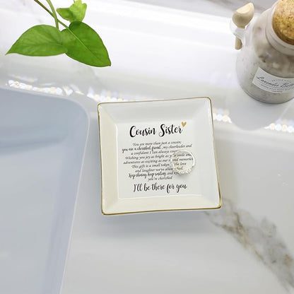 HOME SMILE Cousin Sister Gifts Mother's Day,Ceramic Ring Jewelry Dish Tray Plate for Birthday Graduation Christmas Wedding-You are More Than Just a Cousin,You Are a Chrished Friend