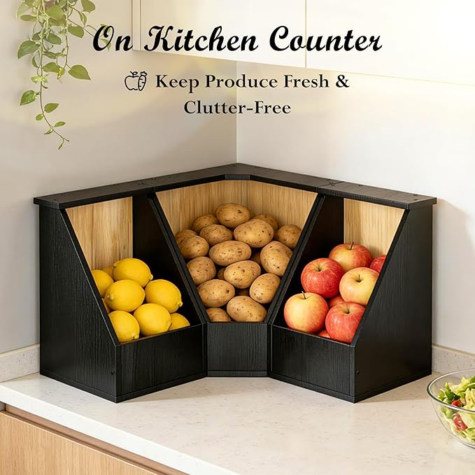 Jolitac Wood Pantry Storage Bins, Potato and Onion Storage Bin for Pantry and Kitchen Counter Multipurpose Organization Containers for Produce, Fruits, Vegetable, Set 3 Pieces
