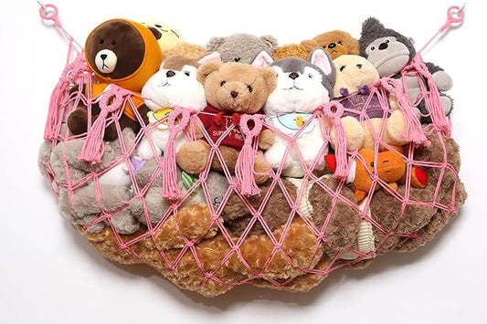Stuffed Animal Net or Hammock Macrame Toy Diaplay Plush Toy Holder Corner Wall Hanging Net for Stuffed Animal Storage (Pink,49" W)