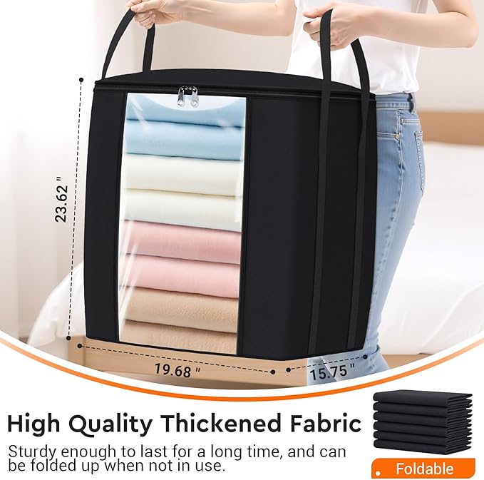 TasticTotes 120L Extra Large Clothes Storage Bags, Foldable Blanket Storage and Organization, Thick Fabric Containers with Reinforced Handles & Zippers for Clothing, Comforters, Bedding, Black, 1 Pack