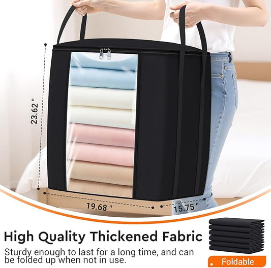 TasticTotes 120L Extra Large Clothes Storage Bags, Foldable Blanket Storage and Organization, Thick Fabric Containers with Reinforced Handles & Zippers for Clothing, Comforters, Bedding, Black, 1 Pack