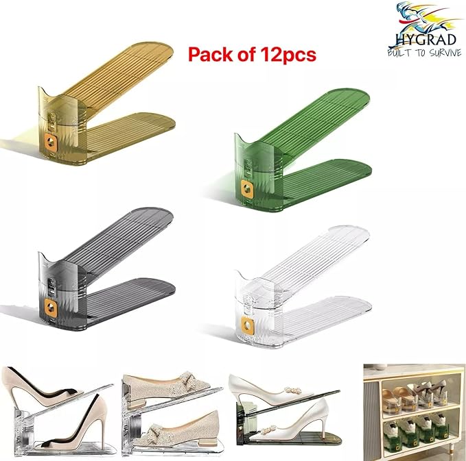 Pack of 12 Pcs Acrylic Shoe Slot Organiser Storage with Size 25.4x9.5x7cm- Adjustable 3-Level Height - Non-Slip Space Saver Shoe Storage Organiser- Shoe Stacker for All Shoe Styles (Black)