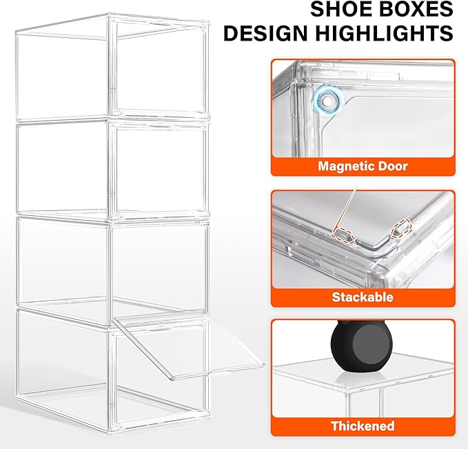 EDS FAM 12 Pack Acrylic Shoe Organizer, Drop Front Shoe Boxes Fit US Size 13, Clear Stackable Hat Organizer Case for Closet, Entryway, Underbed, Multiple Display Cases for Hats, Figures, Sneakers