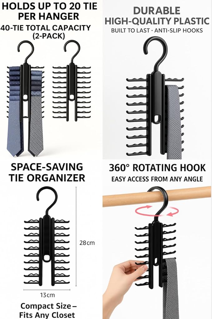 LEYDT Tie Hanger for Men – 2 Pack Space-Saving Tie Organizer for Closet – Durable Plastic Scarf & Belt Hanger – 20-Tie Capacity Rack, Black – Closet Organizer for Ties, Scarves & Accessories