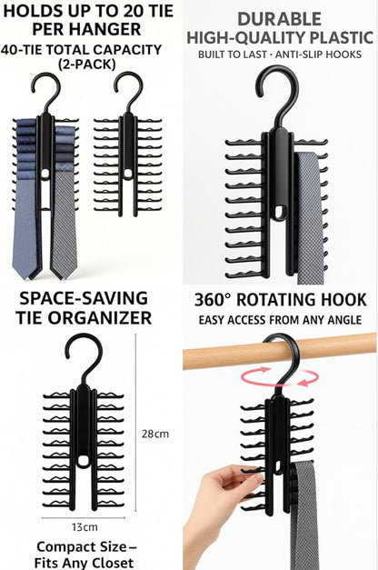 LEYDT Tie Hanger for Men – 2 Pack Space-Saving Tie Organizer for Closet – Durable Plastic Scarf & Belt Hanger – 20-Tie Capacity Rack, Black – Closet Organizer for Ties, Scarves & Accessories