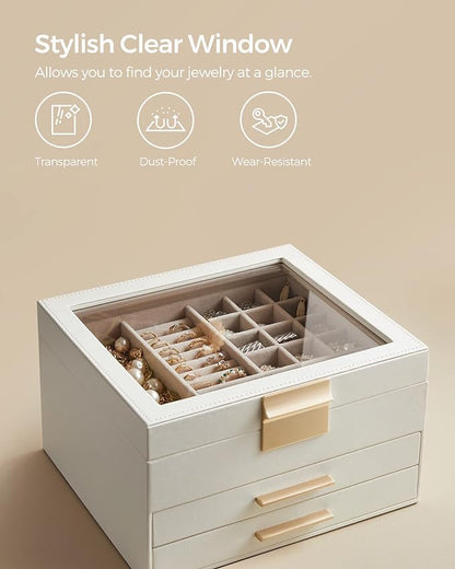 SONGMICS Jewelry Box Organizer with Glass Lid, 3-Layer Jewelry Storage, with 2 Drawers, Modern Style, 8 x 9.1 x 5.3 Inches, Cloud White and Gold Color UJBC239WT