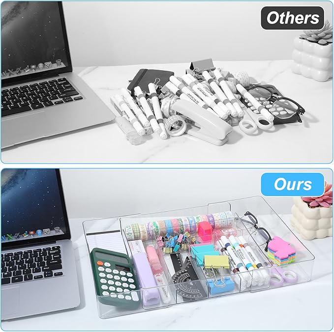 Oqqlin Expandable Acrylic Drawer Organizer, Clear Desk Drawer Organizers Tray with 8 Adjustable Compartments Multifunctional Desk Accessories for Vanity, Office, Kitchen, Bathroom
