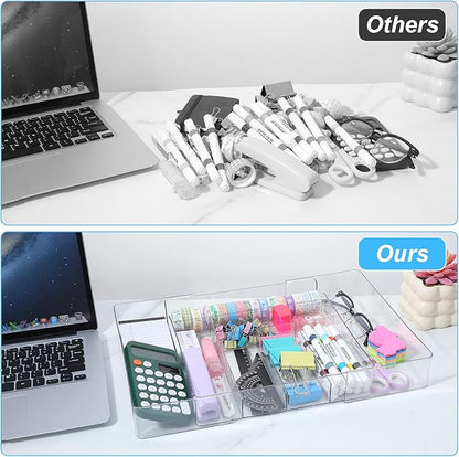 Oqqlin Expandable Acrylic Drawer Organizer, Clear Desk Drawer Organizers Tray with 8 Adjustable Compartments Multifunctional Desk Accessories for Vanity, Office, Kitchen, Bathroom