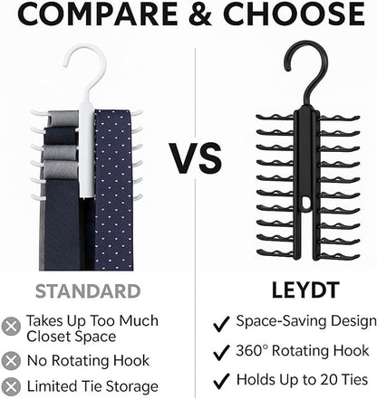 LEYDT Tie Hanger for Men – 2 Pack Space-Saving Tie Organizer for Closet – Durable Plastic Scarf & Belt Hanger – 20-Tie Capacity Rack, Black – Closet Organizer for Ties, Scarves & Accessories