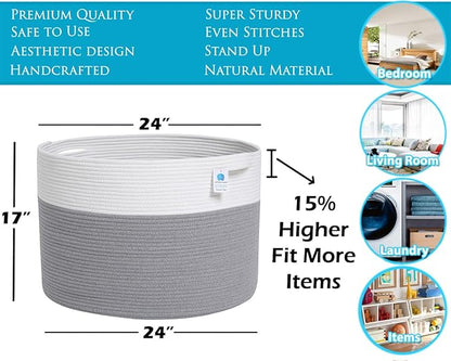 24" x 24" x 17" Max Size Large Cotton Rope Basket, Extra Large Storage Basket, Woven Laundry Hamper, Cloth Storage Bin, for Blankets Clothes Towels Pillows in Living Room, Grey