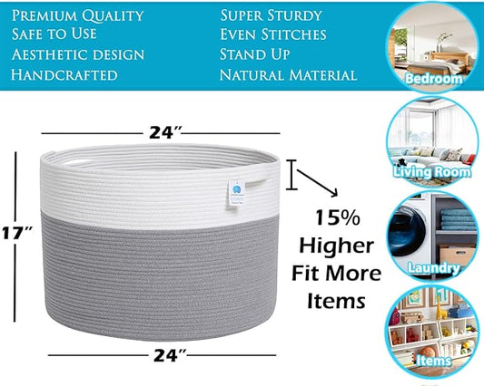 24" x 24" x 17" Max Size Large Cotton Rope Basket, Extra Large Storage Basket, Woven Laundry Hamper, Cloth Storage Bin, for Blankets Clothes Towels Pillows in Living Room, Grey
